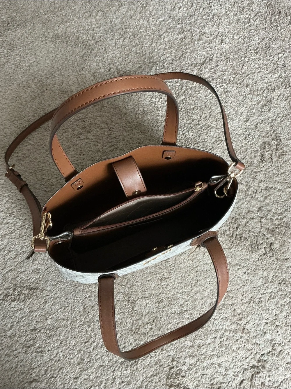 Michael Kors Vanilla Logo Satchel with Brown Trim